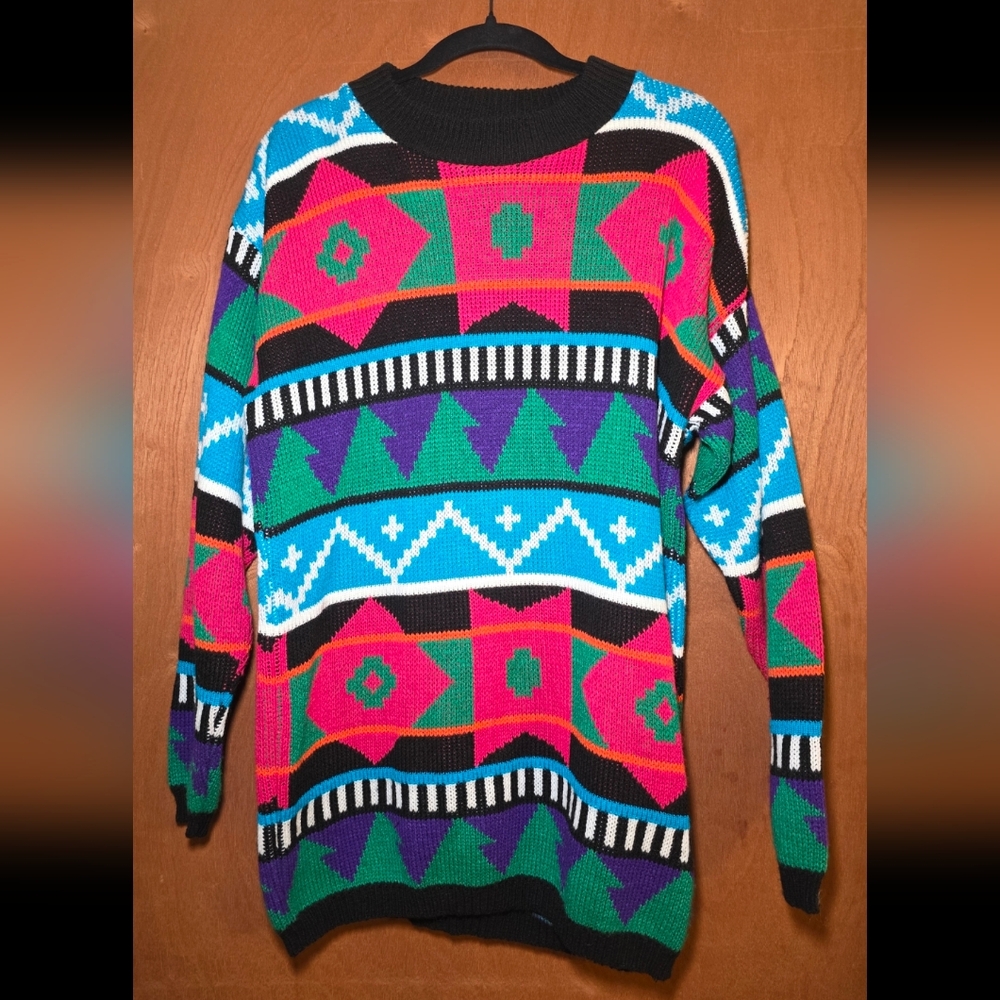 VTG Carolina Colours Multicolored Geometric Art Deco Crewneck Sweater Womens